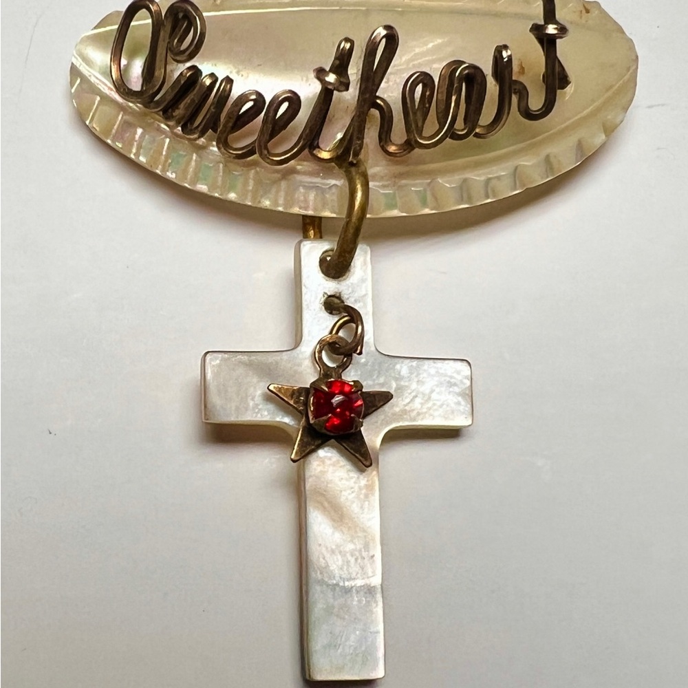 Vintage Sweetheart Mother of Pearl Cross Brooch with Star and Red Stone Accent